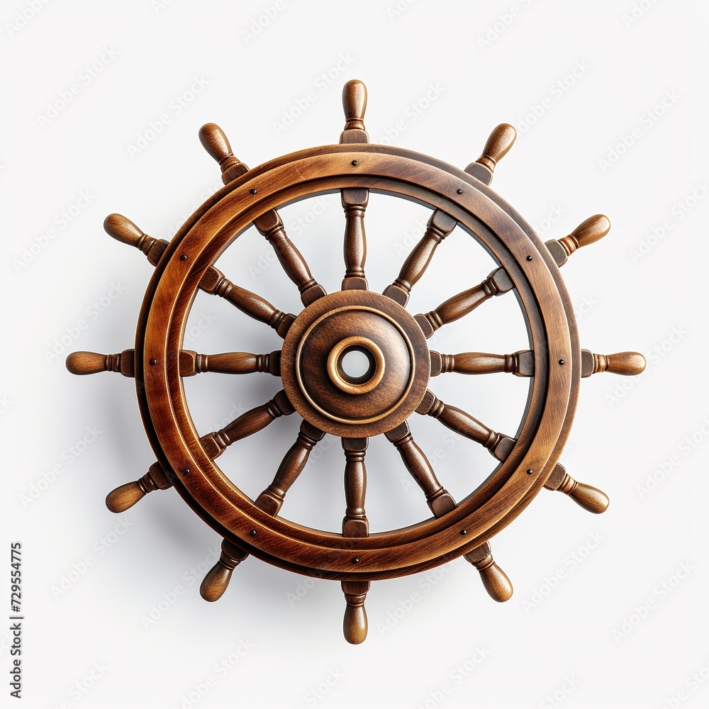 Steering wooden wheel rudder from a ship, on a white background