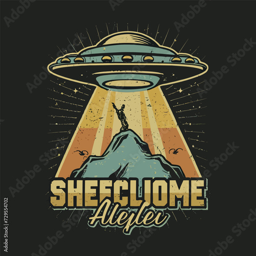 Funny Retro Vintage UFO Alien T-shirt Design.