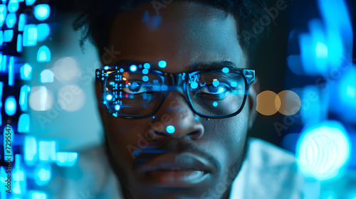 afro american Engineer designs AI technology with reflection on eyeglass lenses
