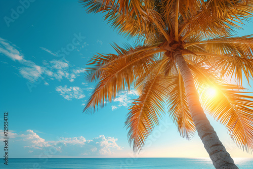 Copy space of tropical palm tree with sunlight on sky background