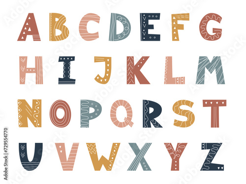 Scandinavian style alphabet with line ornament. Flat simple colorful kids letters set. Children Cartoon font for school education, nursery, preschool, book, poster, flyer. Decorative ABC