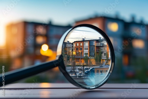 Searching new house for purchase. Rental housing market. Magnifying glass near residential building.