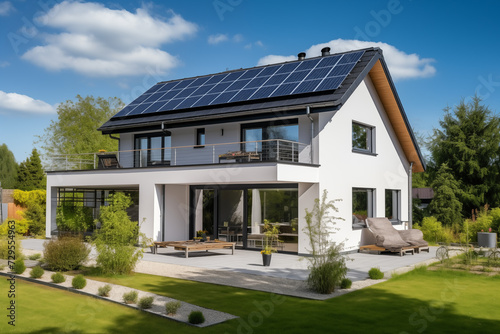 New modern european house with a photovoltaic system on the roof. Modern eco friendly passive house with solar panels on the gable roof, driveway and landscaped yard