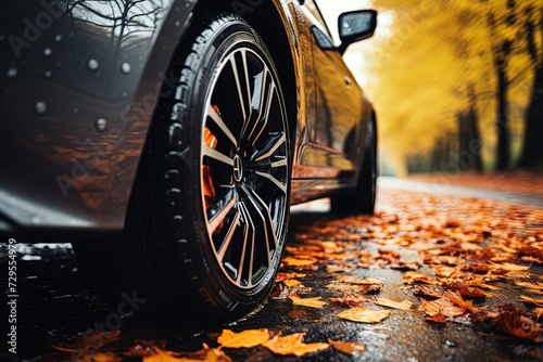closeup side view of grey car tires on asphalt road on rainy autumn day