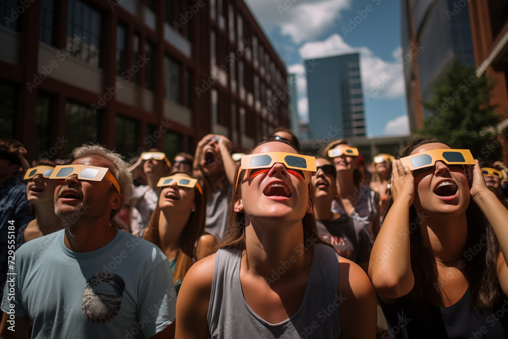 Obraz premium A crowd of people watch the annular solar eclipse