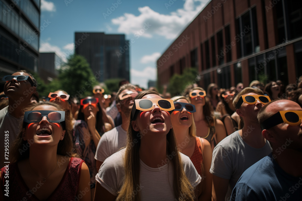 A crowd of people watch the annular solar eclipse