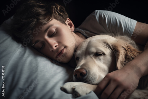 Young man and dog sleeping together in white bed at home