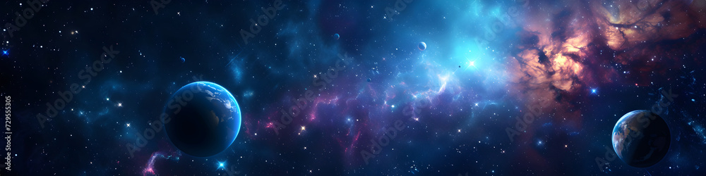Space banner or landing page for a site. Astrology, science fiction or science class. Horizontal - obrazy, fototapety, plakaty 