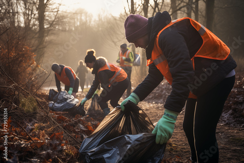 Couple of volunteers cleaning up the trash in park. Picking up garbage outdoors. Ecology and environment concept