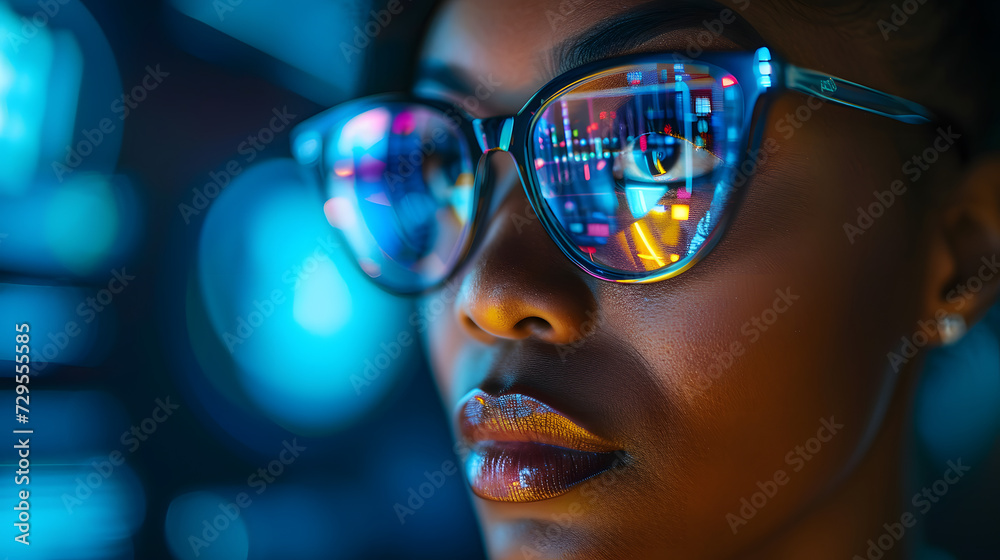 afro american woman Engineer designs AI technology with reflection on eyeglass lenses afro american woman Engineer designs AI technology with reflection on eyeglass lenses