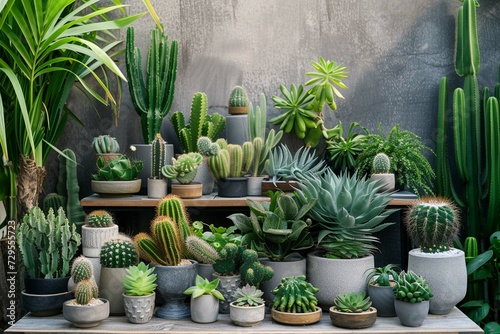 Stylish composition of home garden interior filled a lot of beautiful plants, cacti, succulents, air plant in different design pots. Home gardening concept Home jungle. Copy spcae. Template photo