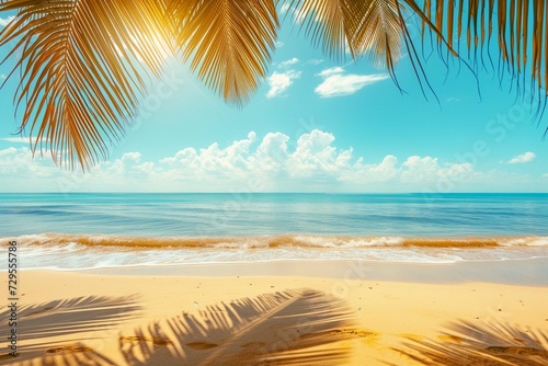 Sunny tropical Caribbean beach with palm trees and turquoise water, Caribbean island vacation, hot summer day  © Areesha