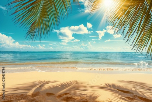 Sunny tropical Caribbean beach with palm trees and turquoise water, Caribbean island vacation, hot summer day 