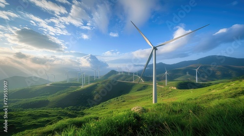 Environmentally friendly wind farms produce renewable green energy in beautiful landscapes.