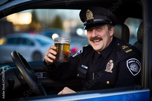 Drunk police officer driving car with beer