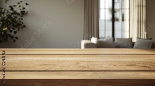 Empty copy space on modern wood table in home room interior for product display mockup.