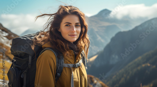 portrait of a beautiful young woman tourist with a backpack on a hike in the mountains. tourism and outdoor travel.