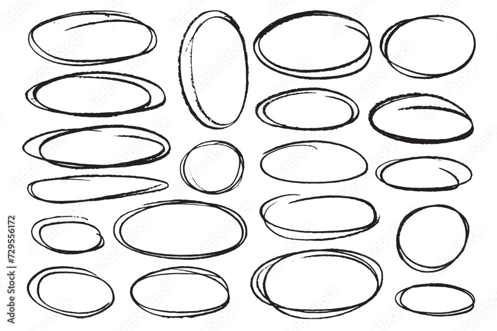 Set of hand drawn doodle grunge circle highlights. Round scrawl frames ellipses. Collection of different brush drawn marker elements. - obrazy, fototapety, plakaty 