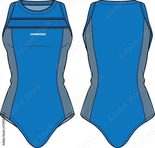 Women Bodysuit active wear design flat sketch fashion Illustration, Snap Leotard swimsuit suitable for girls and Ladies . Bodycon Swimwear active clothing.