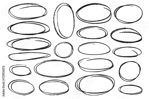 Set of hand drawn doodle grunge circle highlights. Round scrawl frames ellipses. Collection of different brush drawn marker elements.