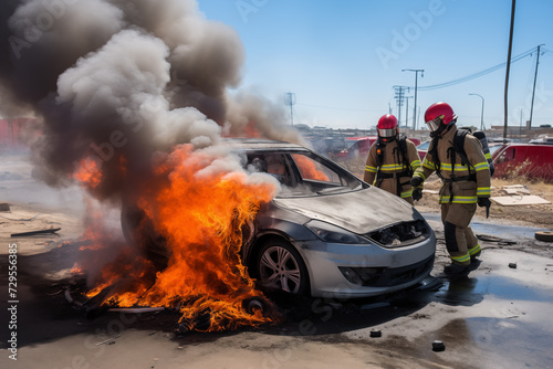 Electric car on fire, firefighters on the scene