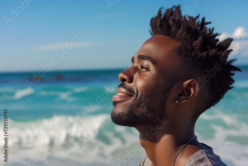 Handsome african american man posing on the beach. Summer time