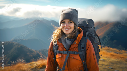 beautiful young woman tourist with a backpack in an orange jacket on a hike in the mountains. tourism and outdoor travel.