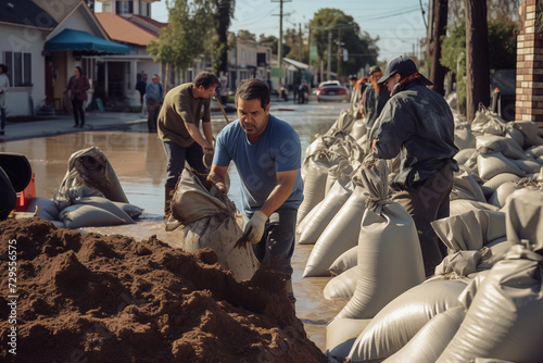 People preparing sandbags during flood in the city