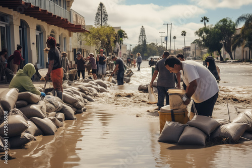 People preparing sandbags during flood in the city photo