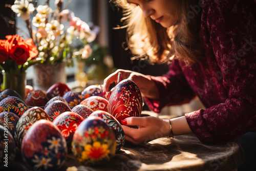 Happy female painting Easter eggs at table in kitchen photo