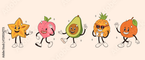 Retro groovy fruit characters. Funky cartoon mascot of karambola peach avocado pineapple orange with happy smile face. Funny vintage trendy style character.