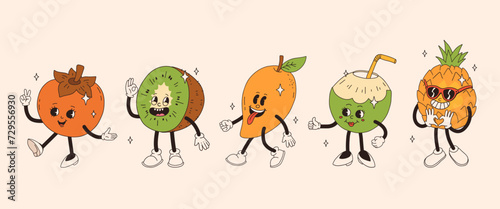 Retro groovy fruit characters. Funky cartoon mascot of persimmon kiwi mango green coconut pineaaple with happy smile face. Funny vintage trendy style character. photo
