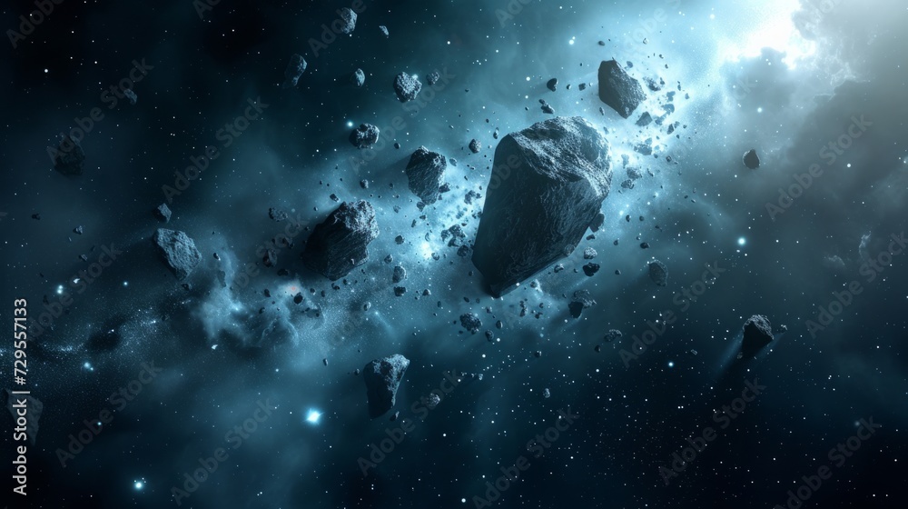 Asteroid field in space with varying sizes of rocks and debris ...