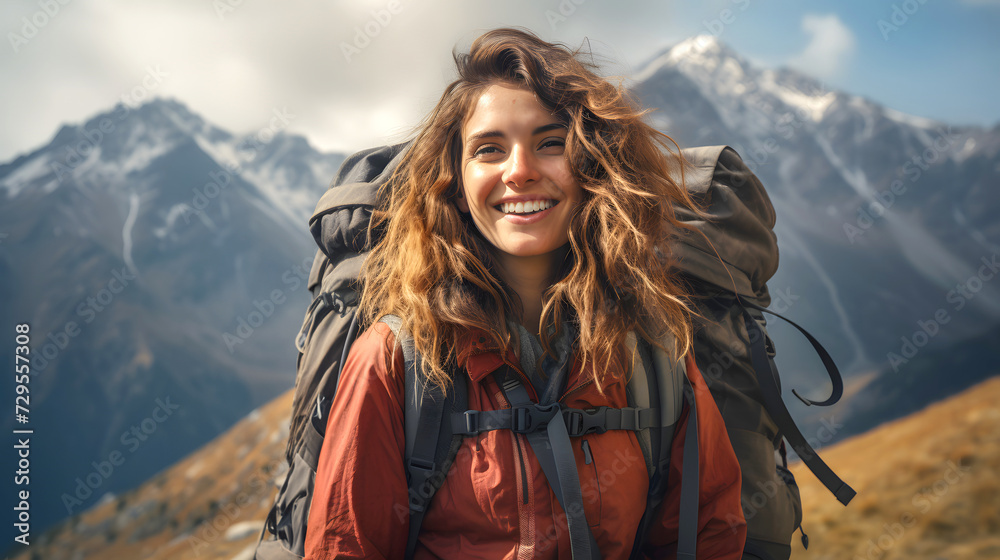 portrait of a beautiful young woman tourist with a backpack on a hiking trip in the mountains. tourism and outdoor travel.