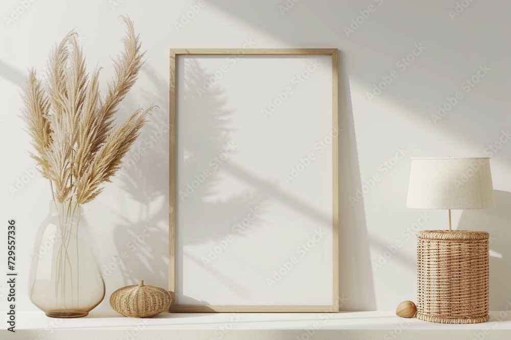 Vertical poster art mockup with beige wooden frame, dried grass in vase, wicker basket lamp on empty warm white background. Japandi interior decoration. A4, A3 format. 3d rendering, illustration - obrazy, fototapety, plakaty 