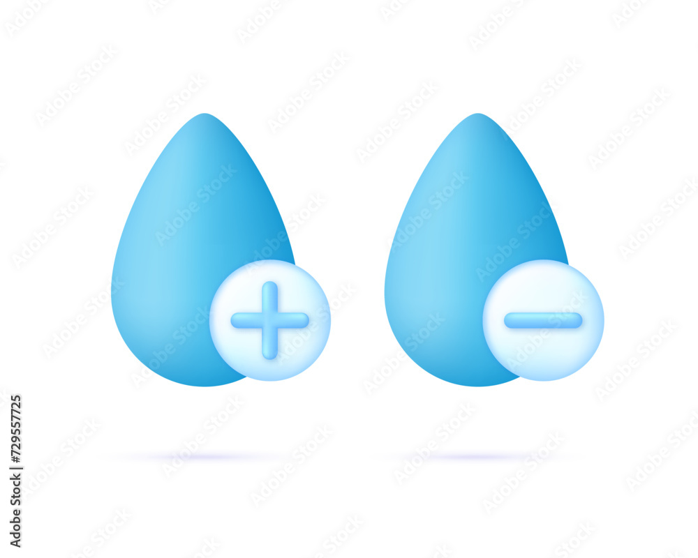 3D Drop water with plus and minus icons. Concept of Increased Hydration or Water Addition, Water Reduction, Lower Water 3D Drop water with plus and minus icons. Concept of Increased Hydration or Water Addition, Water Reduction, Lower Water