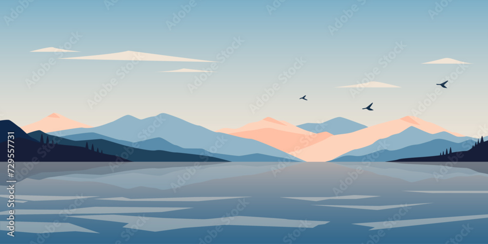 Nordic landscape. Cartoon winter Scandinavian nature panorama of frozen lake and mountains flat style. Modern vector background
