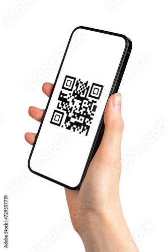 QR code on mobile phone application. QRcode scanner app in hand isolated