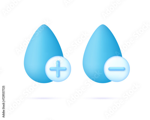 3D Drop water with plus and minus icons. Concept of Increased Hydration or Water Addition, Water Reduction, Lower Water