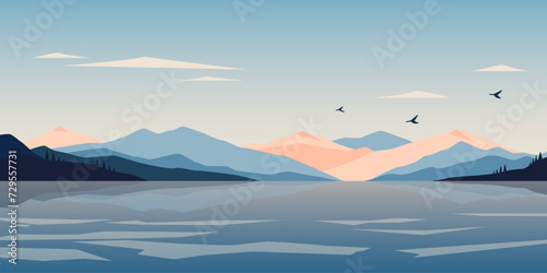 Nordic landscape. Cartoon winter Scandinavian nature panorama of frozen lake and mountains flat style. Modern vector background