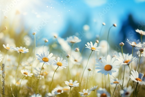 Gorgeous wild flowers - Chamomile  create a beautiful landscape in warm green colors during spring and summer. It is a wide format image with copy space.