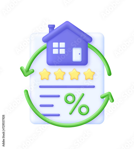 3D Mortgage refinance illustration. Home loan, mortgage, better term, debentures, property, lower interest
