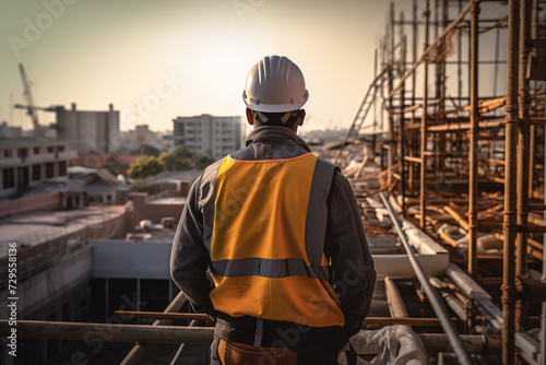 Back view of construction worker wearing safety uniform during working on roof structure of building on construction site.