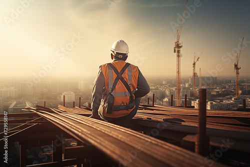 Back view of construction worker wearing safety uniform during working on roof structure of building on construction site. photo