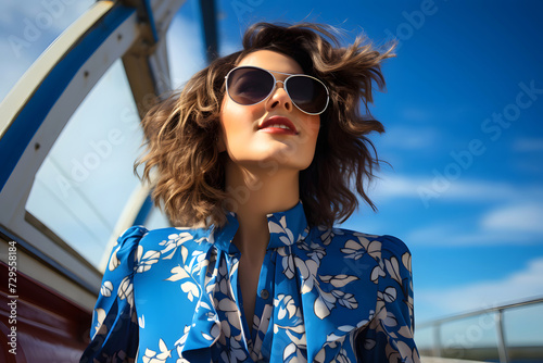 portrait of a beautiful fashionable woman in sunglasses on a bright sunny day against a blue sky