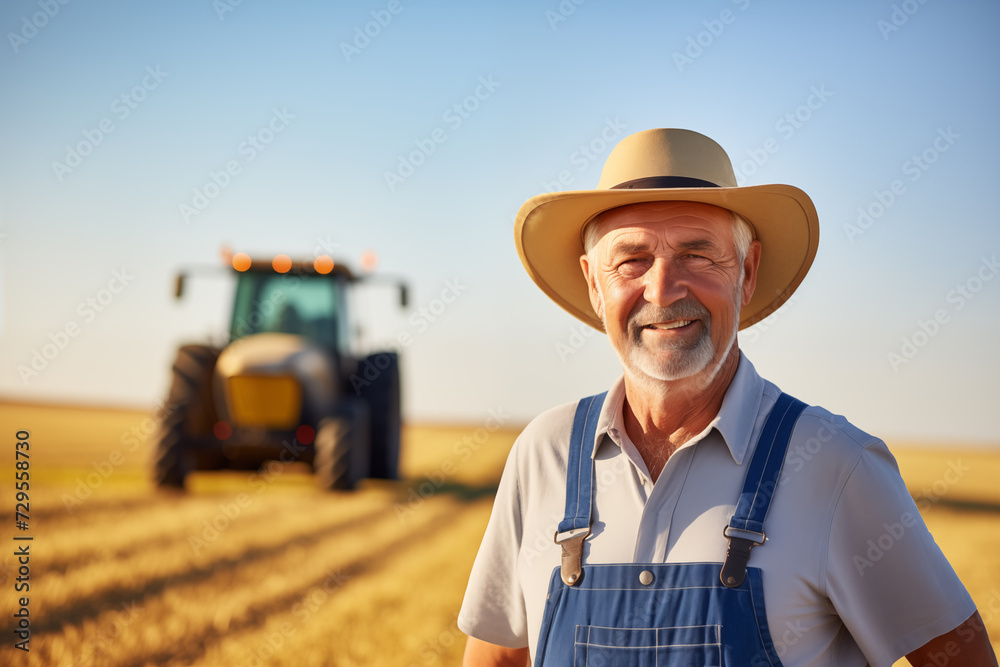 Farmer standing at the wheat field with tractor in the background Farmer standing at the wheat field with tractor in the background