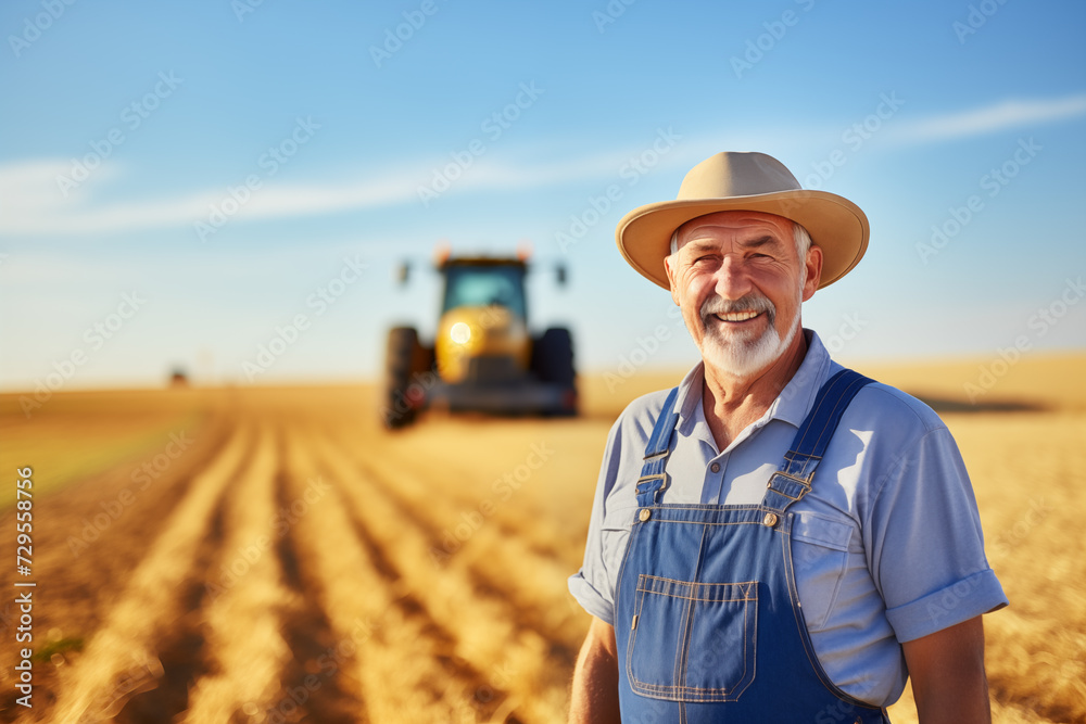 Farmer standing at the wheat field with tractor in the background
