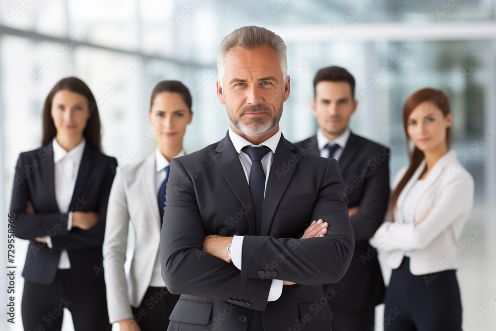 Confident business team posing with it's leader at a corporate office Confident business team posing with it's leader at a corporate office