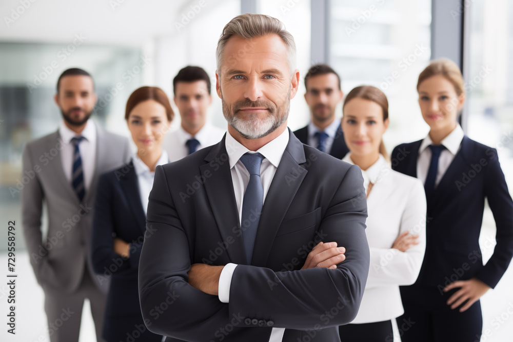 Confident business team posing with it's leader at a corporate office Confident business team posing with it's leader at a corporate office