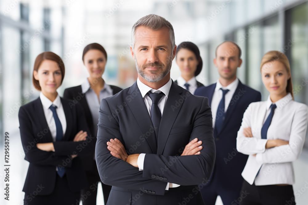 Confident business team posing with it's leader at a corporate office